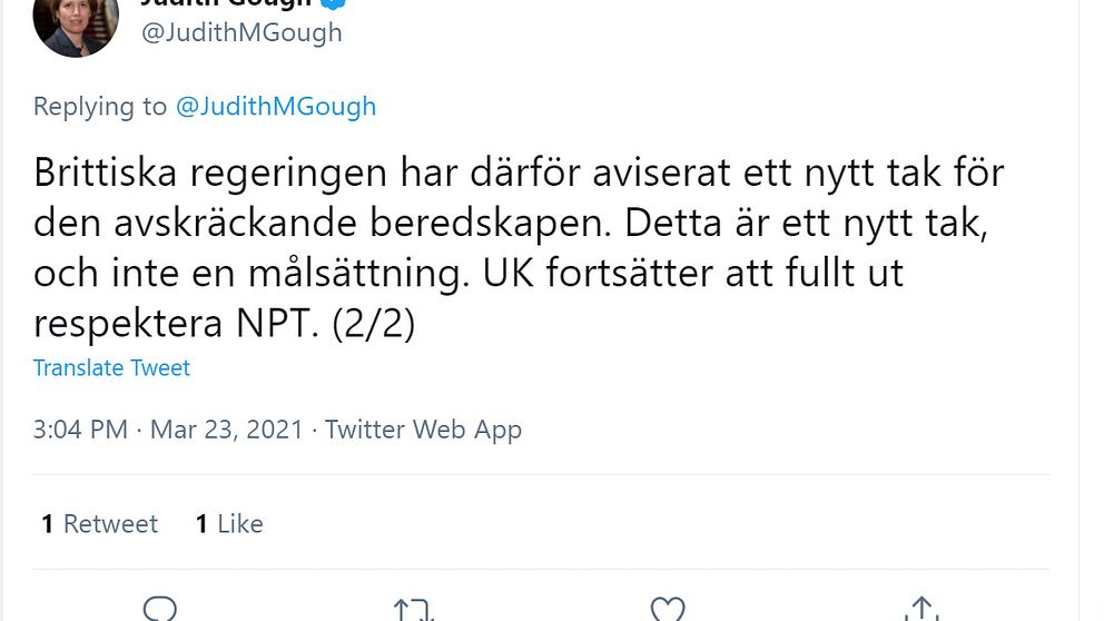 Tweet av Judith Gough, Storbritanniens ambassadör i Sverige.