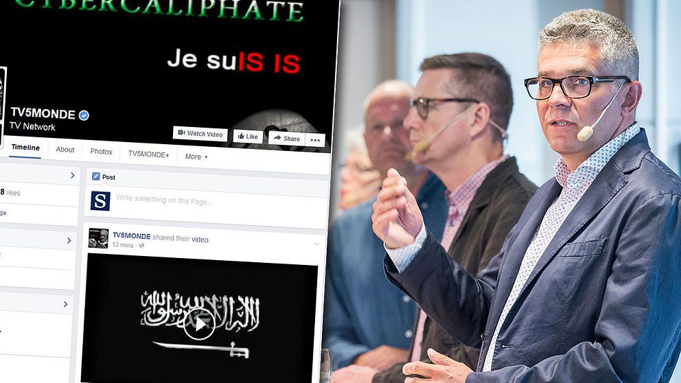 Till vänster en skärmdump från när IS i våras kapade och tog över den franska tv-kanalen TV5 Mondes Facebooksida. Till höger Anders Thornberg, säkerhetspolischef på Säkerhetspolisens seminarie om samhällets förmåga att förebygga och bekämpa radikalisering och terrorism.