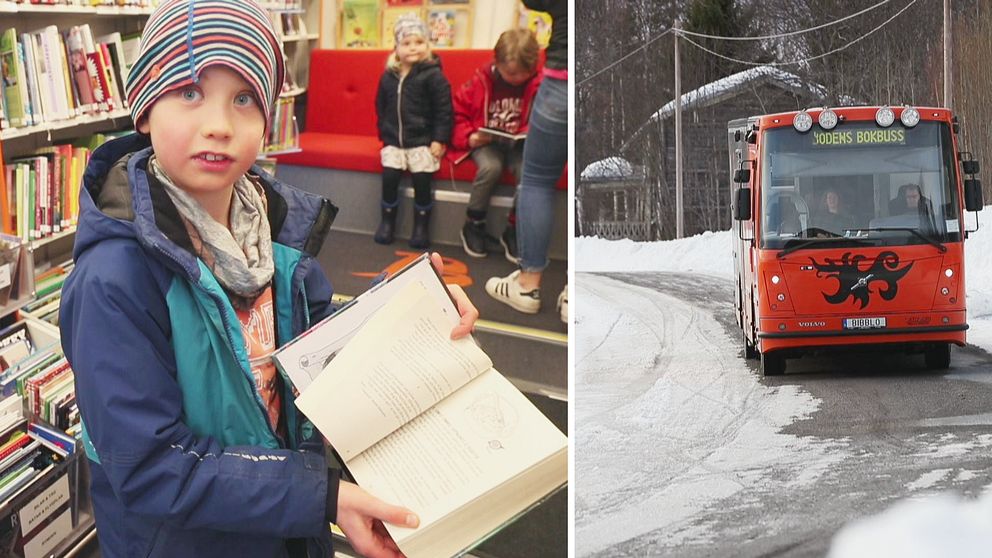 en pojke vsiar upp en bok, samt vy över vintrig gata där bokbussen kommer åkande