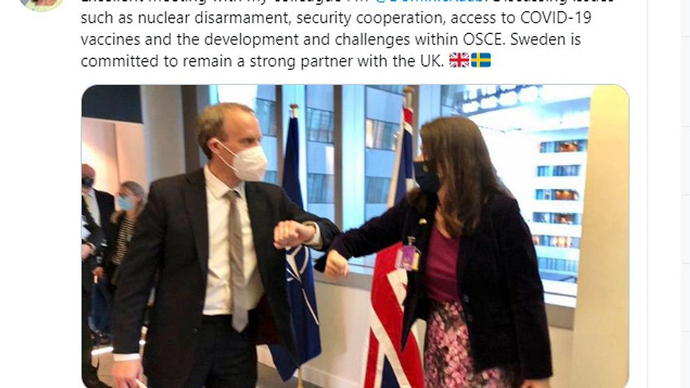 Tweet av Sveriges utrikesminister Ann Linde (S) efter mötet med Storbritanniens utrikesminister Dominic Raab.