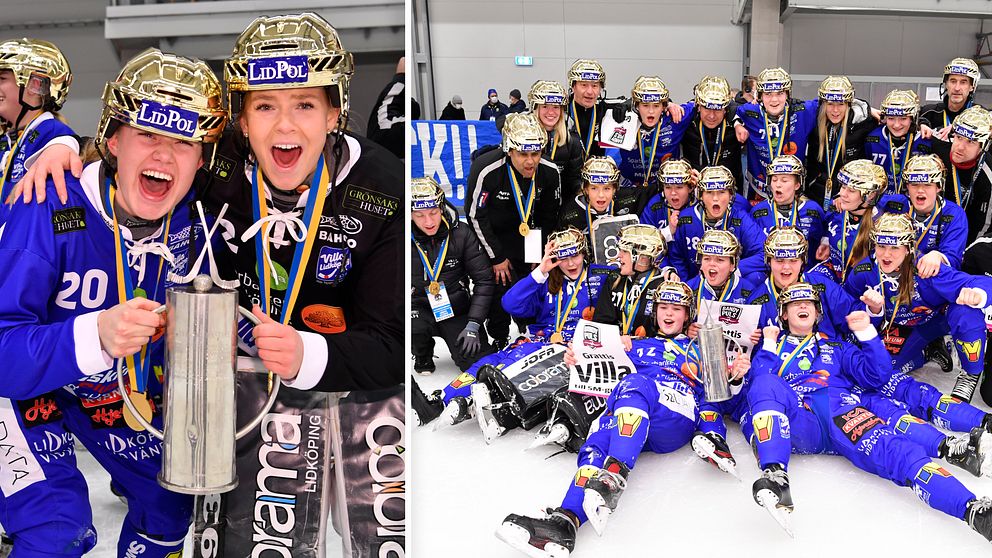 Tilda Ström, Pernilla Elardt och resten av laget firar Villas första SM-guld på damsidan.