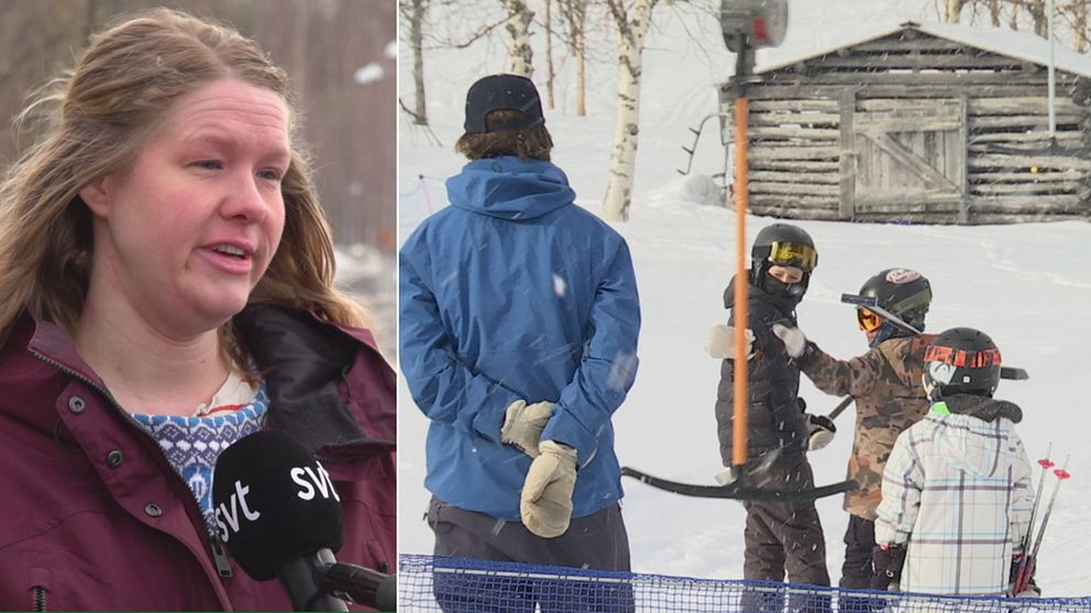 Till vänster en kvinna med vinröd vinterjacka och vind i håret. Till höger tre barn i en liftkö.