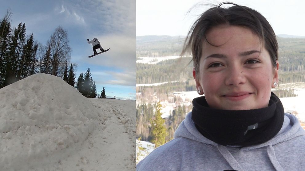 En snowboardåkare avtecknas mot blå himmel mitt i ett hopp. En tjej med brunt hår och grå munktröja ler och tittar in i kameran.
