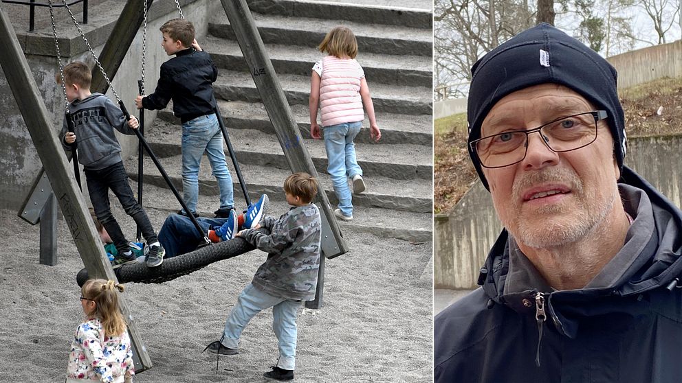 Sex barn leker och gungar på en lekplats. Signar Mäkitalo i mössa och vindtät jacka.