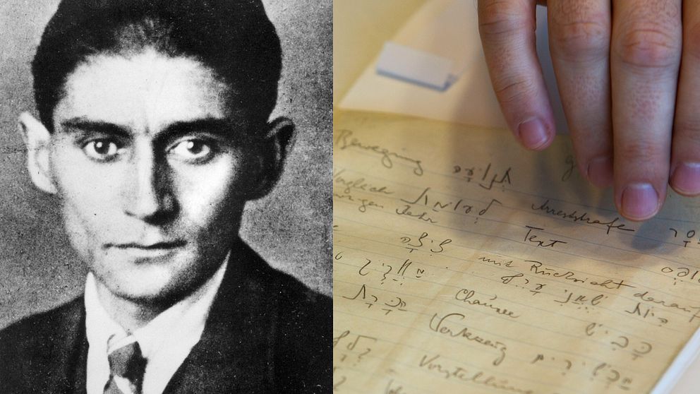Författaren Franz Kafka som avled 1924, och en anteckningsbok i vilken han skrivit på hebreiska.