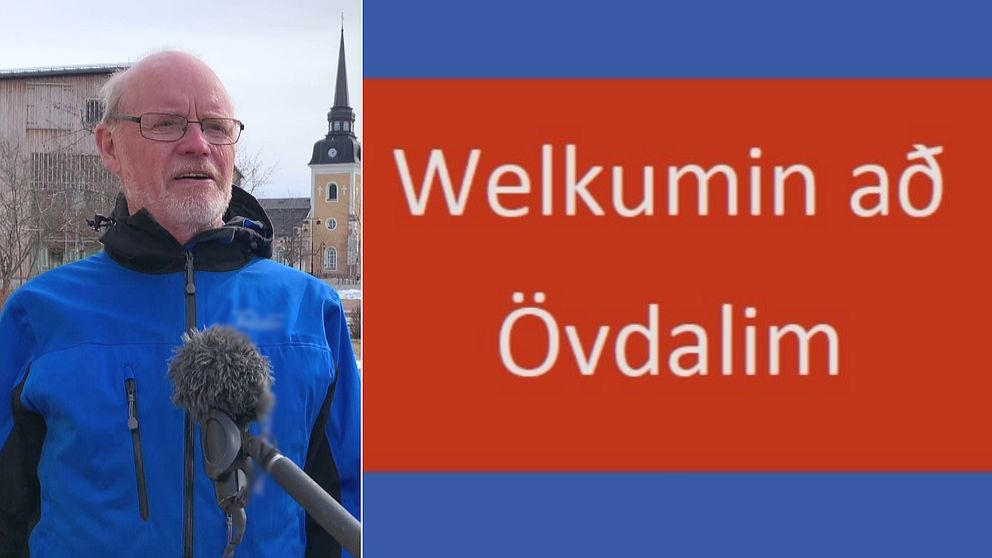 Björn Rehnström, sekreterare i Ulum Dalska i Ävldalen står framför en kyrka utomhus samt en välkomstskylt på älvdalska