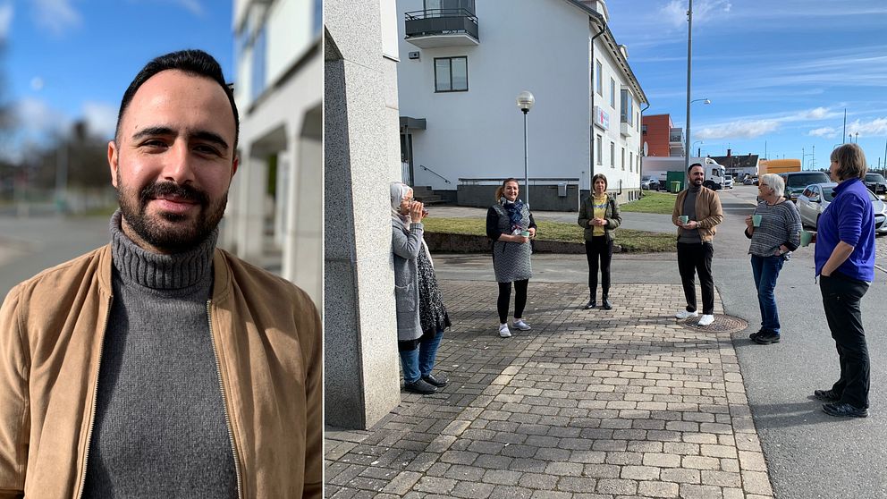 Aram Al-Khalidi står utomhus och tittar in i kameran. Bredvid en bild på kursdeltagarna utomhus.