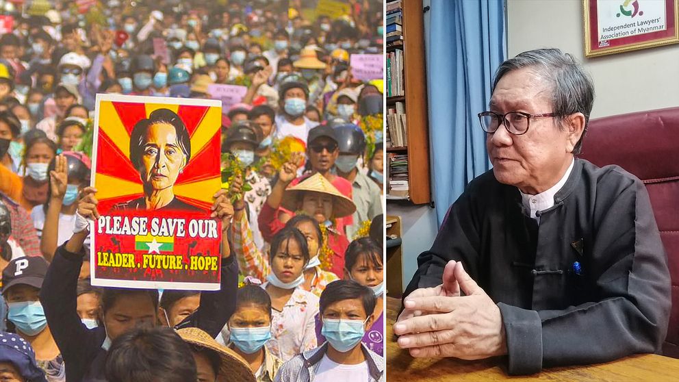 Enligt chefsadvokaten Khin Maung Zaw (t.h) anklagas Aung San Suu Kyi enligt en gammal sekretesslag från kolonialtiden. T.v demonstrantern som håller upp en bild av den fängslade ledaren.