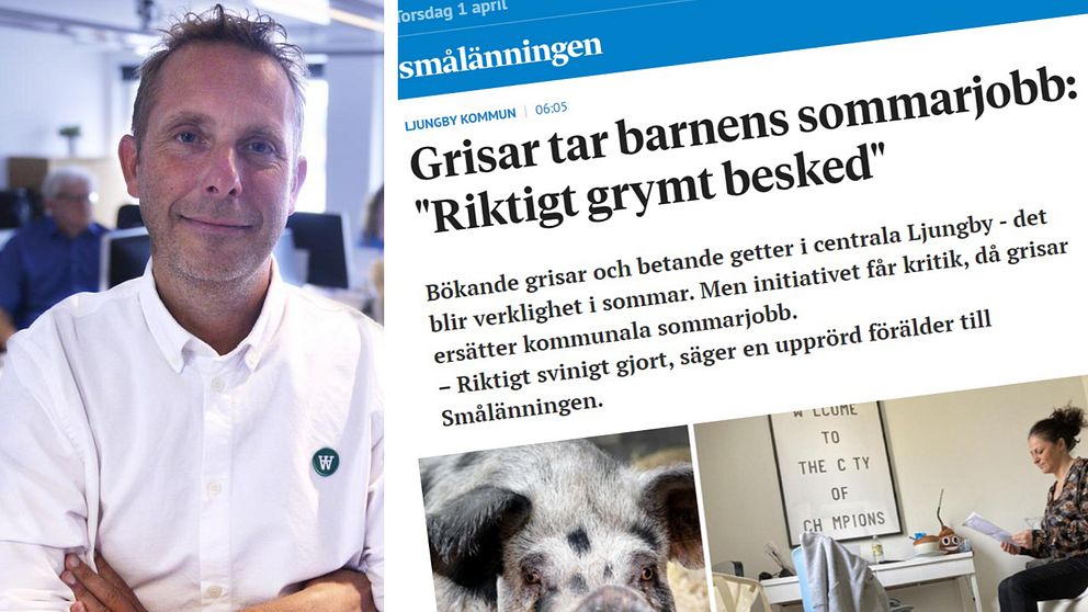 Bilden är ett collage. Den vänstra bilden är en porträttbild på Anders Sjölin, redaktionschef och ansvarig utgivare på tidningen Smålänningen. Den högra bilden är en skärmdump på en av Smålänningens artiklar.
