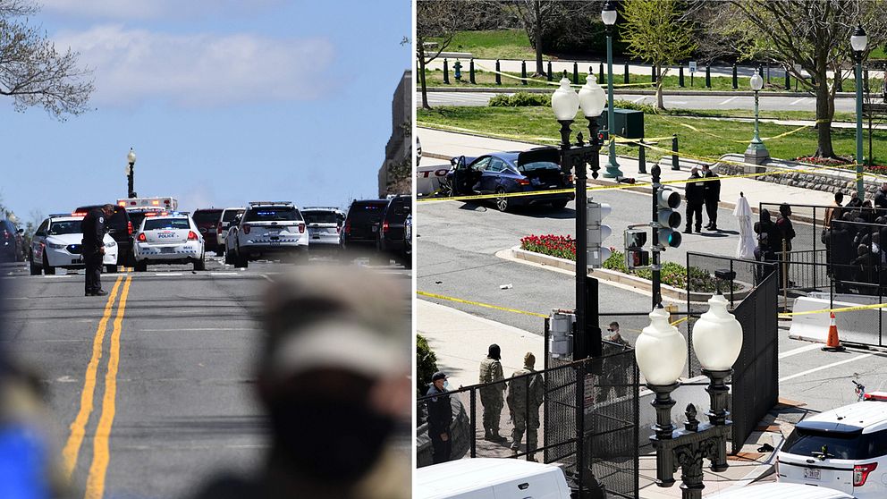 Bilden visar poliser som arbetar på gatorna kring den amerikanska kongressbyggnaden Capitolium i Washington D.C. efter att en bilist rammat två poliser.