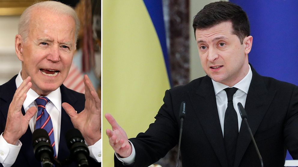 Bilden visar USA:s president Joe Biden samt Ukrainas president Volodymyr Zelenskyj.