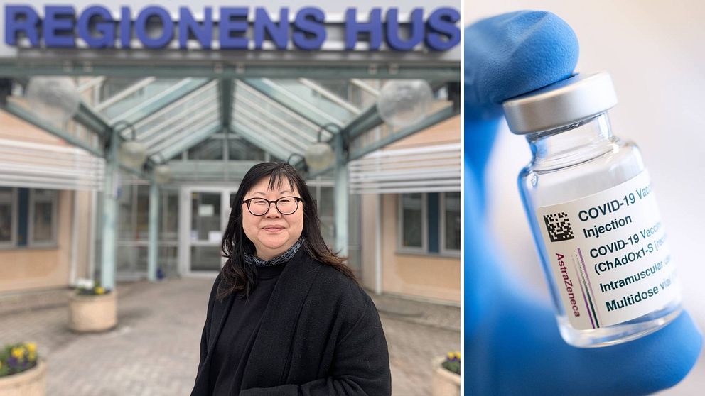 Två bilder. Madelene Johanzon utanför Regionens hus samt en ampull med covid-19-vaccin.