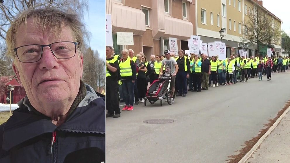 Vindkraftsmotståndaren Arne Söderbäck utomhus + protesttåg med människor i reflexvästar