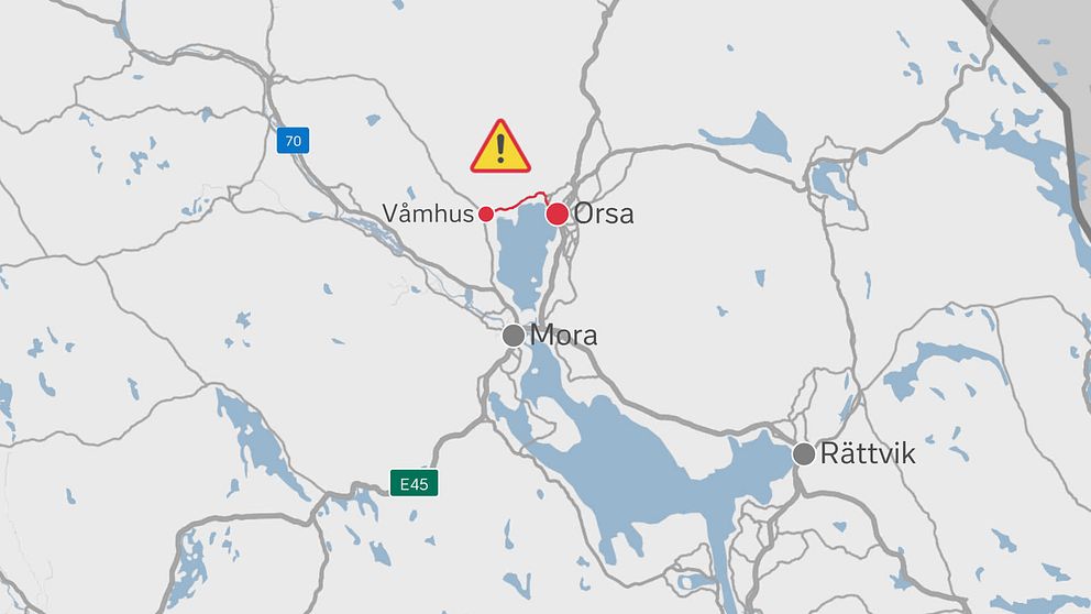 grafik-karta med flera orter samt vägen Våmhus-Orsa markerade