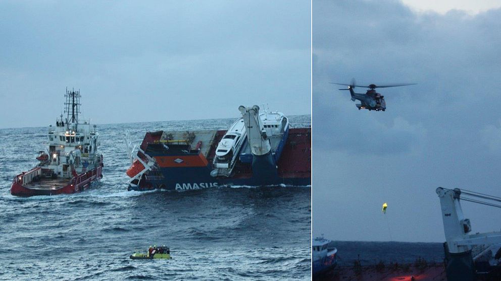 Här hissas personal ombord från helikopter. Nu ska bärgningsbåtarna bogsera fartyget till land under natten.