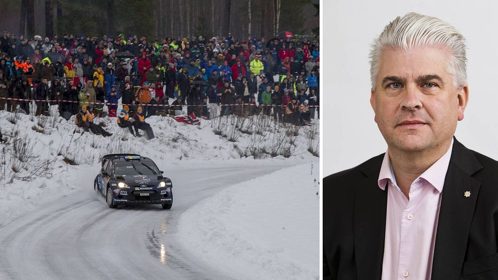 Två bilder. Publik vid Svenska rallyt samt porträtt på Fredrik Larsson.