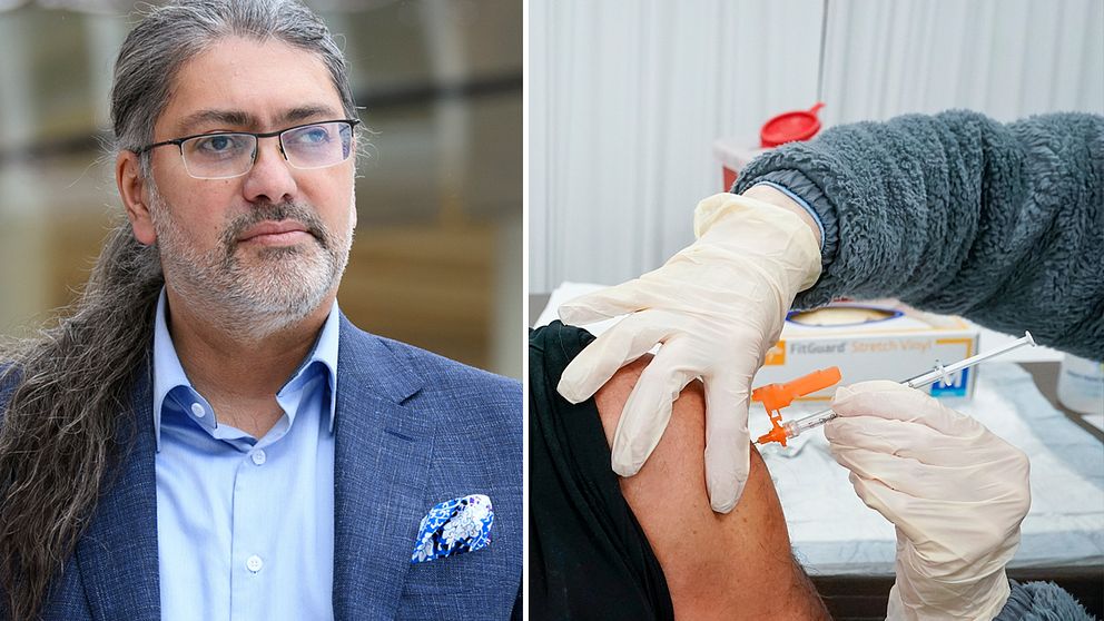 Bilden visar professor Ali Mirazimi vid Karolinska institutet samt en man som får vaccin mot covid-19.