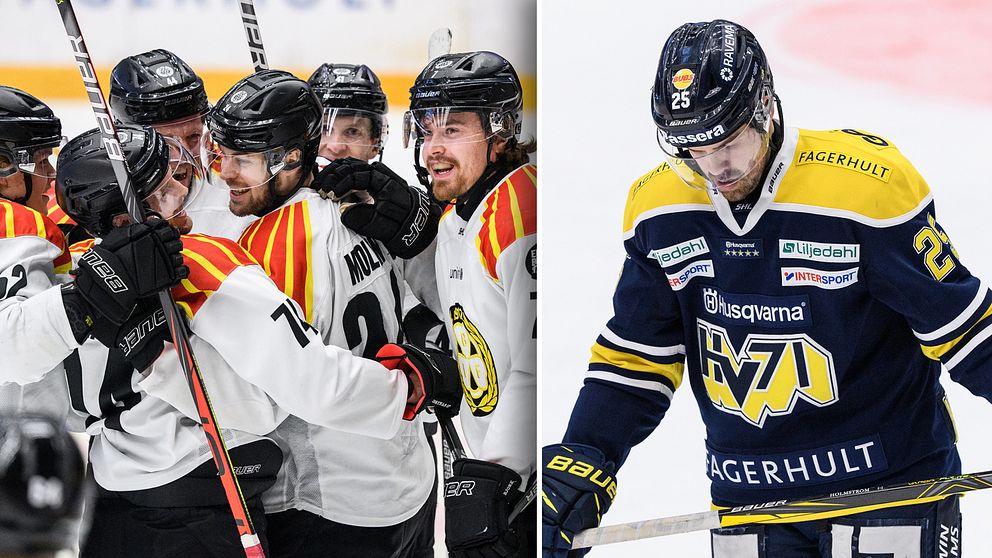 Vänster: Brynäs-jubel efter Emil Molins 2-1. Höger: HV71:s Axel Holmström deppar.