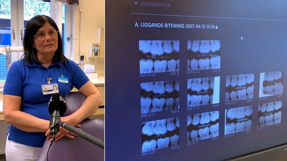 Tankläkare Carina Johansson i inomhusmiljö på en klinik + bild på tandkarta