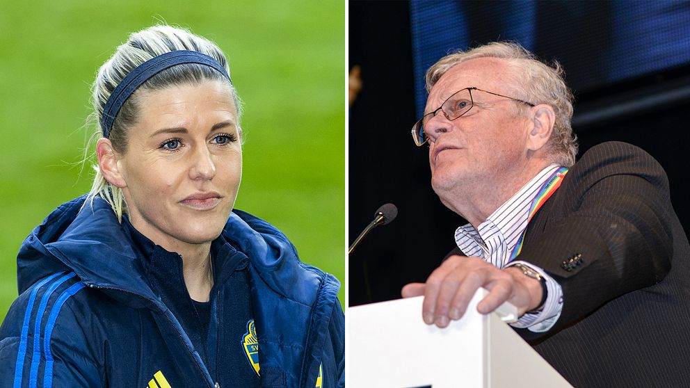 Fotbollsspelaren Olivia Schough hängdes felaktigt ut som dopad. till höger Riksidrottsförbundets ordöfrande Björn Eriksson.