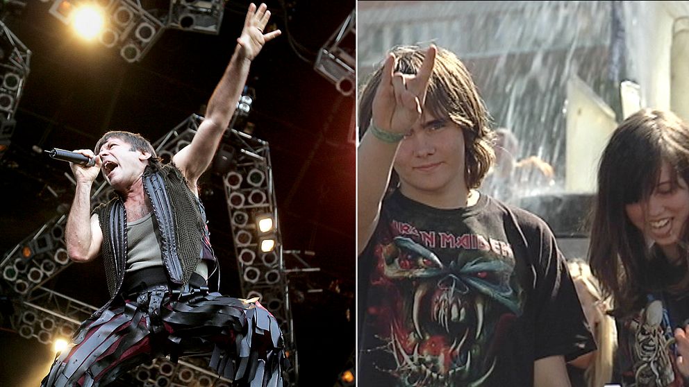 Till v: Bruce Dickinson, sångare i Iron Maiden. Till h: Två maidenfans i Göteborg 2011.