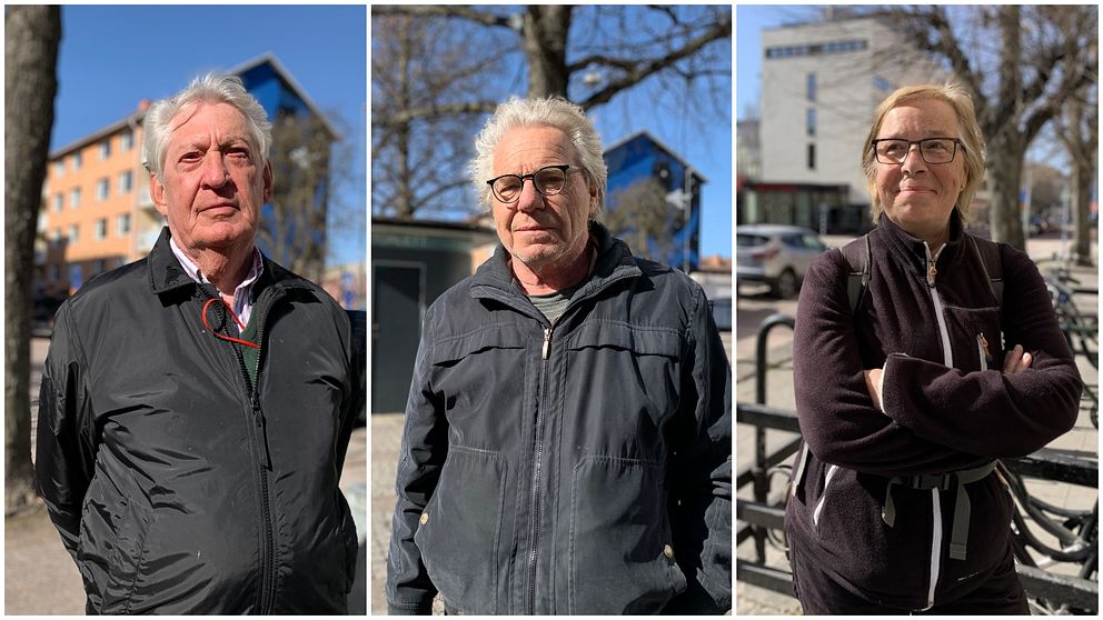 Två äldre män och en äldre dam stående på torget i Gävle