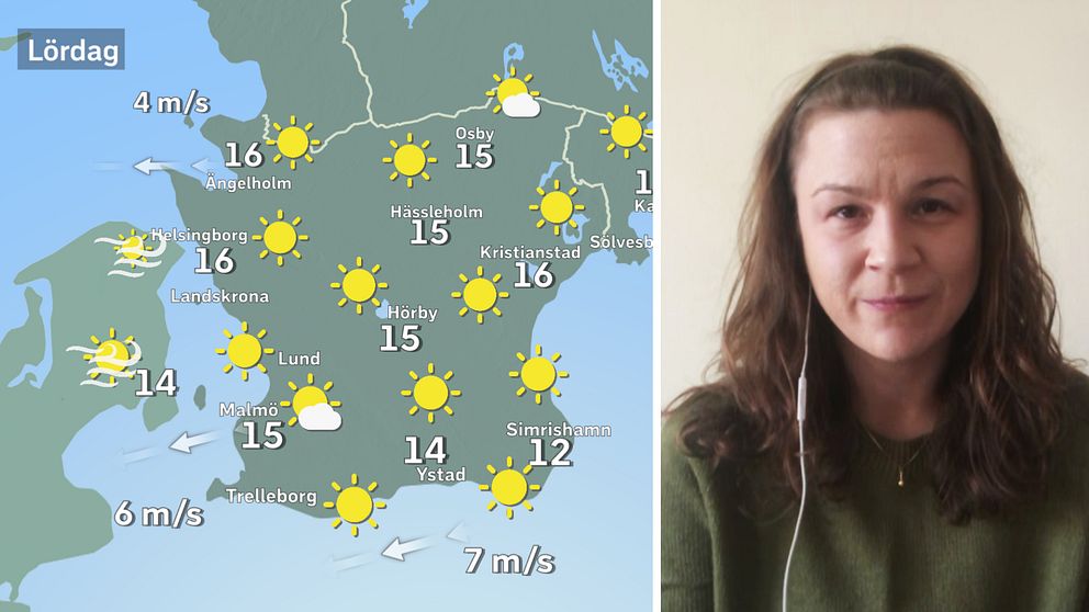 väderkarta med många solar, meteorolog Josefin Bergstedt