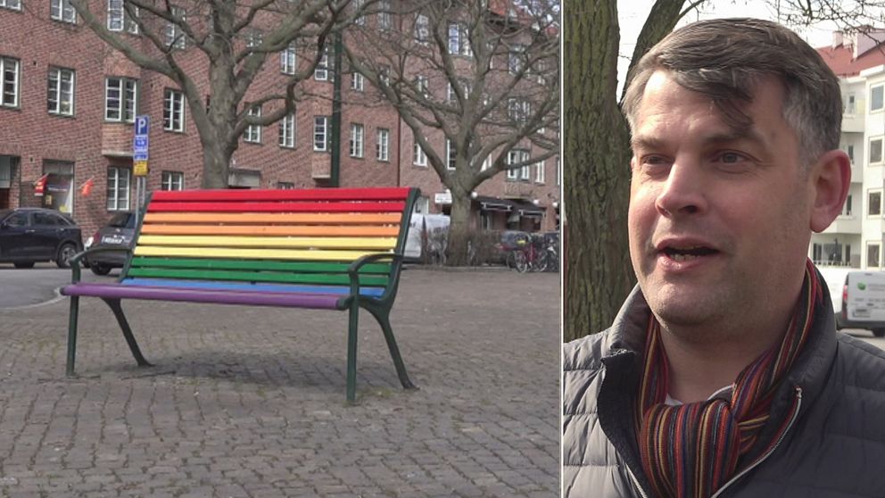 regnbågsfärgad bänk, kommunalrådet Andreas Schönström (S)