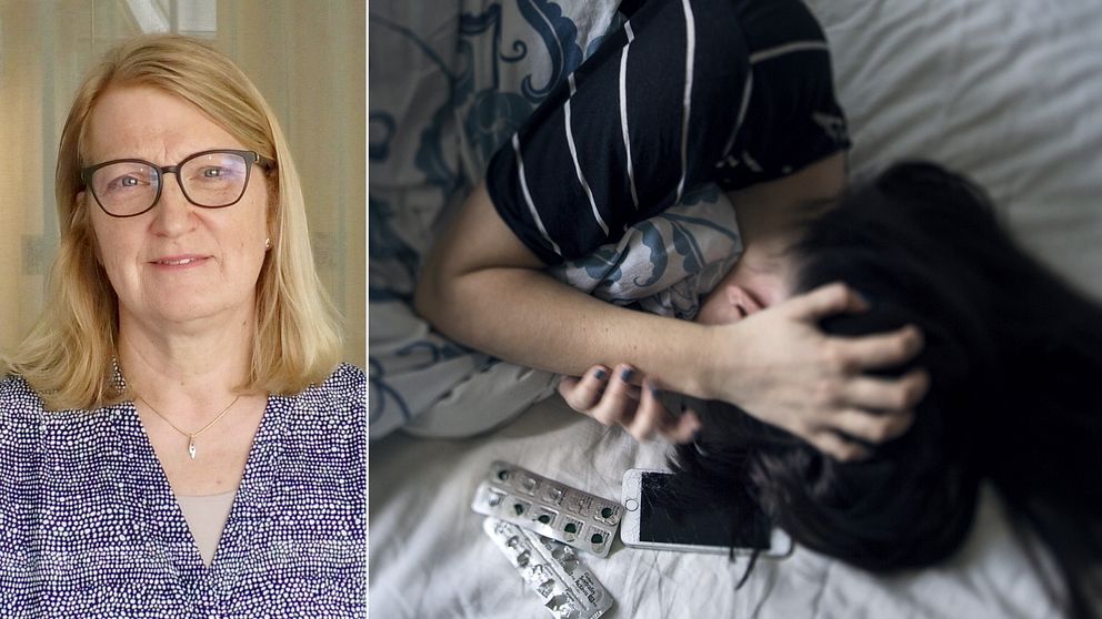 Kvinna med glasögon (Gunilla Druve Jansson (C)) delad bild med ung tjej som ligger i säng med tabletter bredvid sig