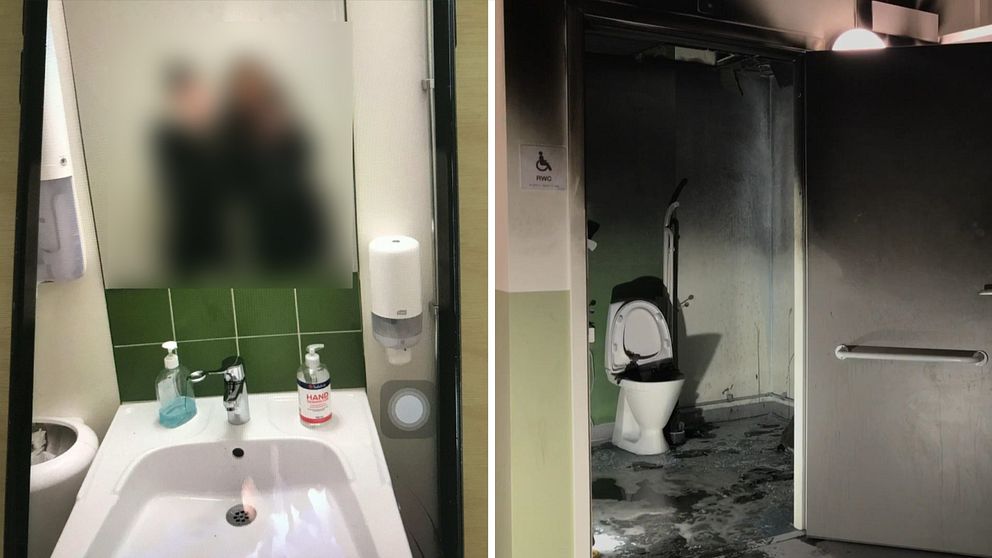 Tjejerna tar en mobilbild efter att ha tänt på handsprit i handfatet. Till höger toaletten efter branden.