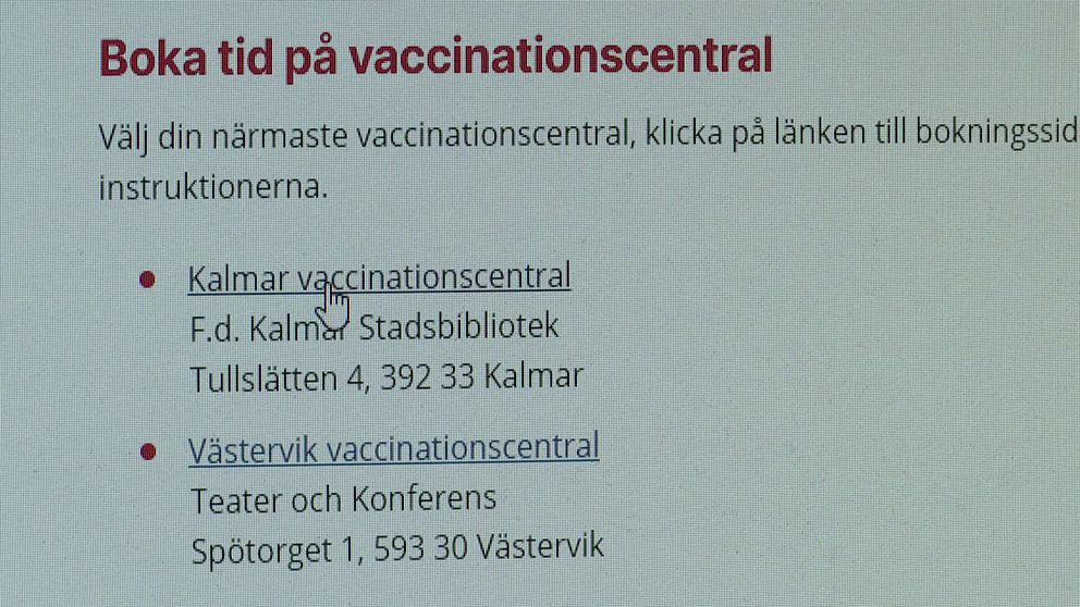Bild på Region Kalmar läns webbsida med rubriken ”Boka tid på vaccinationscentral”.