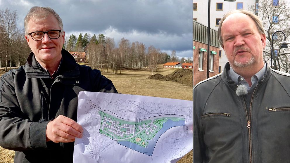 Bostadsbolagets VD Håkan Laack håller i en plankarta till vänster, kommunalrådet Peter Jonsson (S) i bild till höger