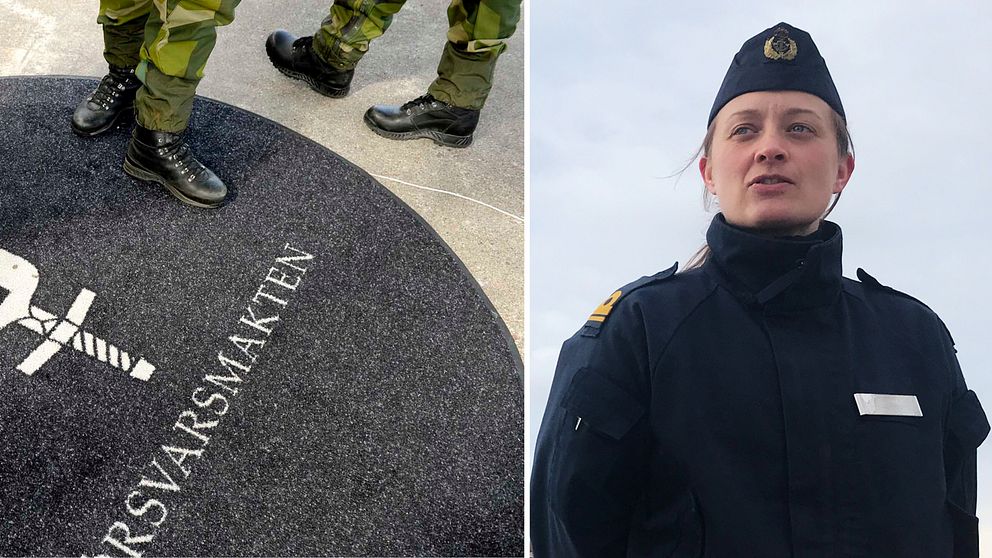 Till vänster: Två par ben klädda i grön militäruniform. Till höger: Kvinnlig militär iklädd uniform.