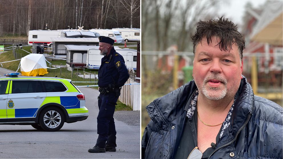 En polis och polisbil syns intill campingområdet, samt en bild på Jack Rydberg.