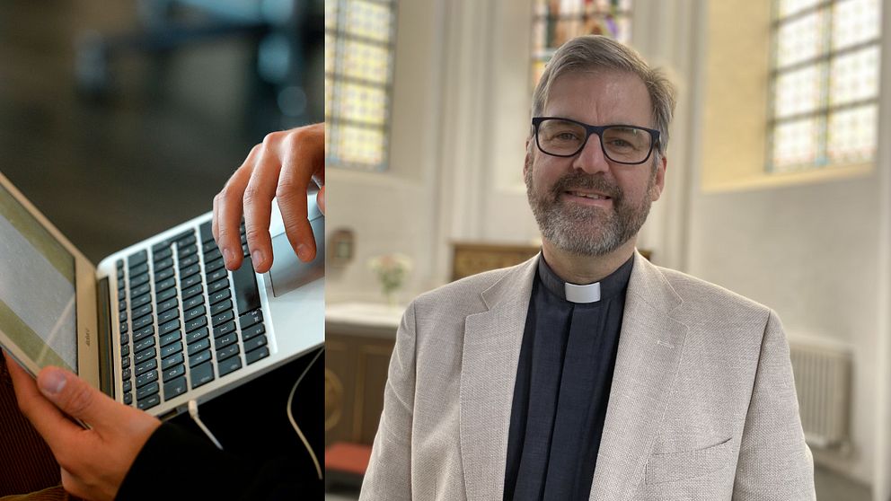 En person som skriver på en bärbar dator och en bild på kyrkoherde Klass Frisk Svensson som står inne i en kyrka och tittar in i kameran.
