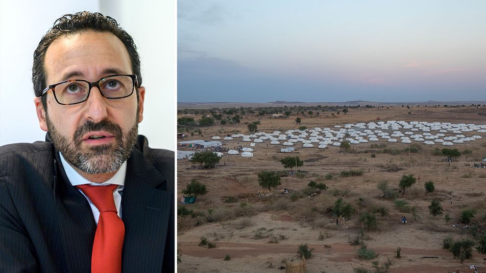 Bilden visar Robert Mardini, generaldirektör för Internationella rödakorskommittén samt ett flyktingläger i Umm Rakouba Sudan för flyktingar från Tigray-regionen.