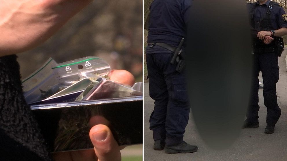 man håller i cannabis och kontanter. Bredvid två poliser som griper en person.