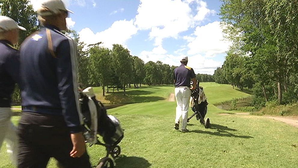 Tre golfare går på golfbana i solsken med ryggen åt kameran