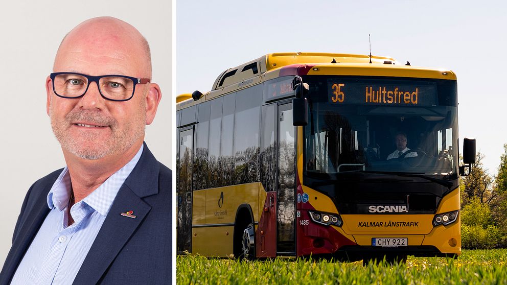 dubbelbild: porträtt på man med kavaj och glasögon till vänster, gul buss 35 på väg med destination Hultsfred till höger