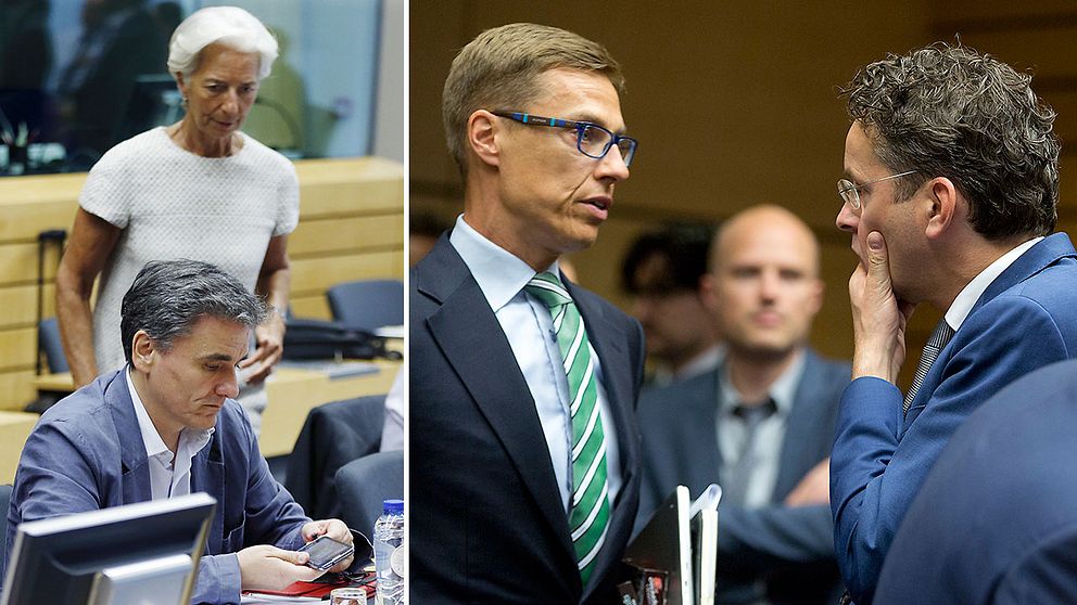Deltagare vid eurozon-mötet (från vänster till höger): Grekiske finansministern, Euclid Tsakalotos, IMF-chefen Cristine Lagarde, finske finansministern Alexander Stubb och eurogruppens ordförande Jeroend Dijsselbloem.