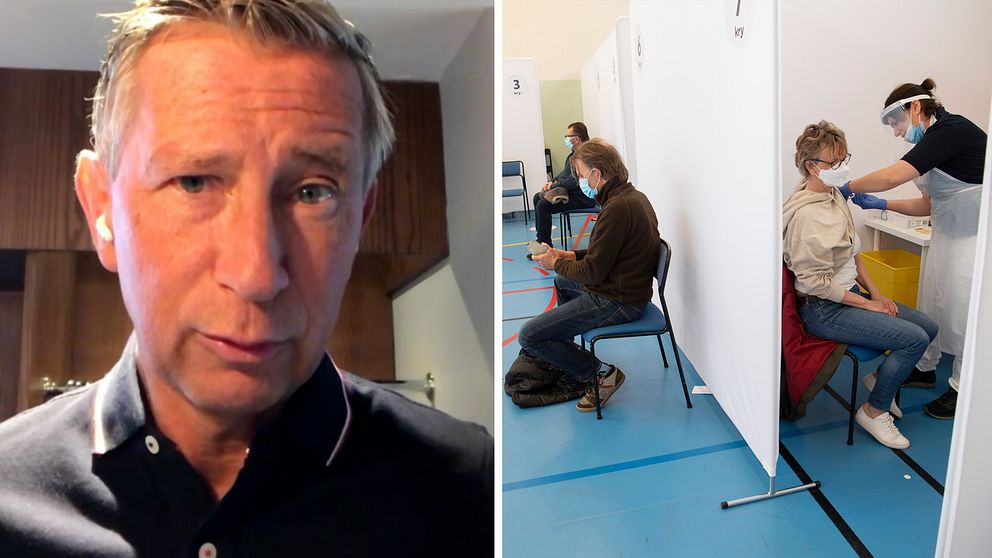 Richard Bergström. Till höger vaccinering i en gymnastiksal (gamla Bredbyskolan) i Rinkeby som förvandlats till vaccinationscentral under covid-pandemin.