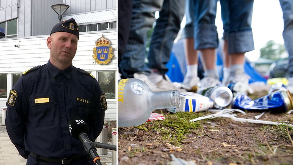 En man i polisuniform står med händerna bakom ryggen framför en byggnad med Polismyndighetens emblem. På bilden bredvid syns en glasflaska, ölburkar och skräp i förgrunden och i bakgrunden jeansbeklädda ben.