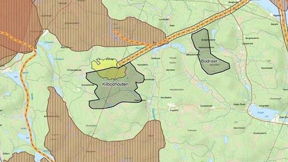 Karta över område i Bräcke och Ragunda. Vissa områden är gråmarkerade, och där ville SCA bygga vindkraftsparker.