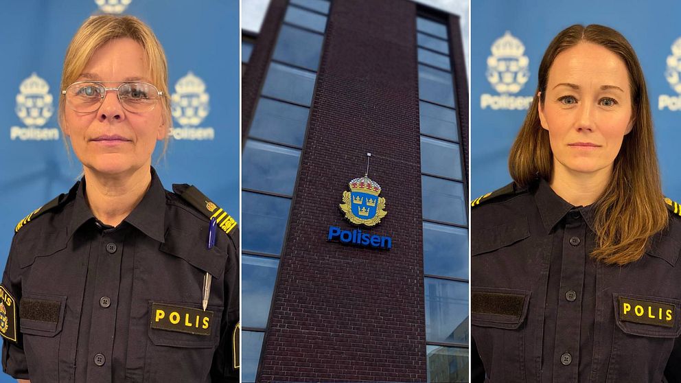 delad bild: porträtt på två kvinnor i polisuniform samt husfasad med polisens sköld-emblem på väggen.