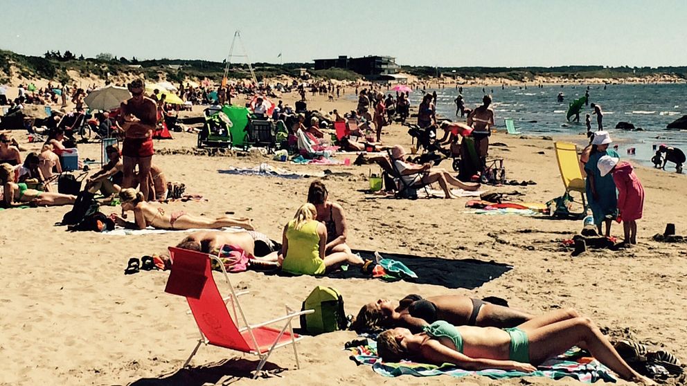 En bild från Skrea strand med massor av människor på stranden som både solar och badar.