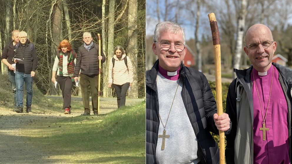 En bild på vandrare och en bild på biskoparna Åke Bonnier och Fredrik Modéus.