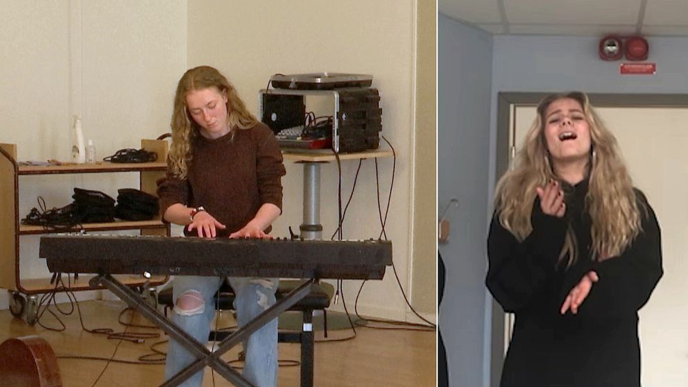 Lina Hedman sitter vid ett elpiano och spelar till vänster i bild. Bakom syns sladdar och musikutrustning. Den högra bilden visar Annie Ivarrson som sjunger.