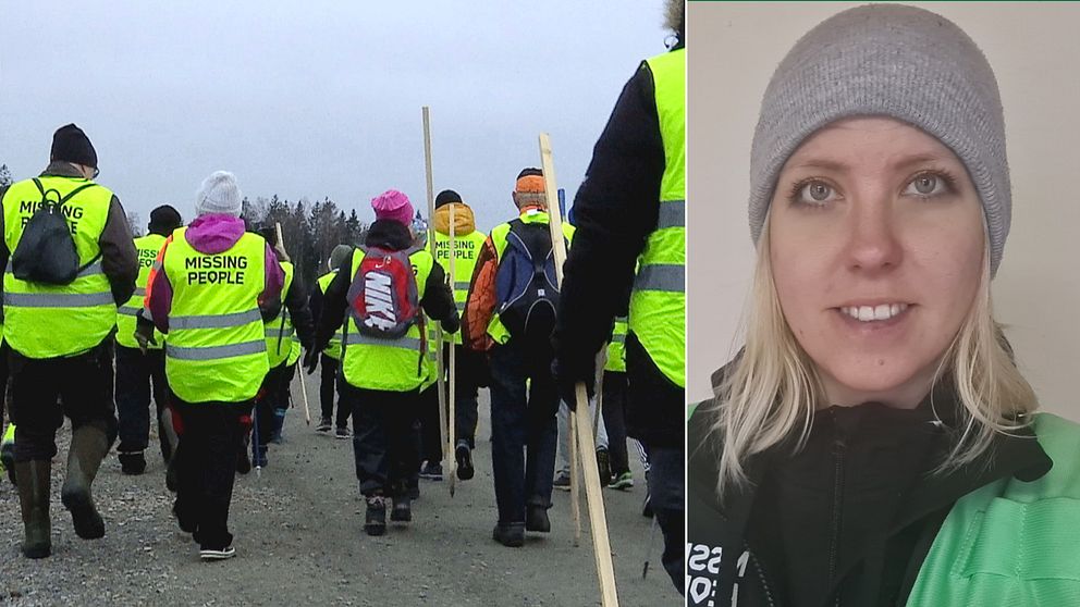 Bilden är ett collage. Den vänstra bilden visar ryggarna på flera personer iklädda gula reflexvästar som det sår ”Missing People” på, på ryggen. Den vänstra bilden är en porträttbild på Johanna Hedlund, verksamhetsledare för Missing People Kalmar.