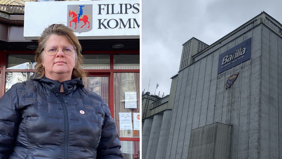 Åsa Hååkman Felth (S) kommunalråd i Filipstad och en bild på Barillas fabrik