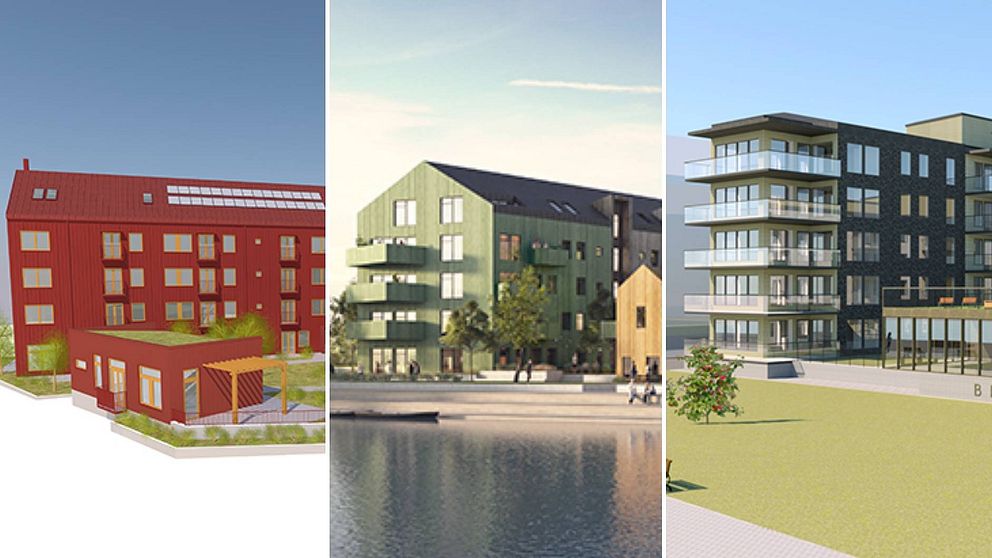 Tre bilder. Längst till vänster illustration av ett rött fyravåningshus, i mitten ett grön och längst till höger ett femvåningshus med stora glasbalkonger.